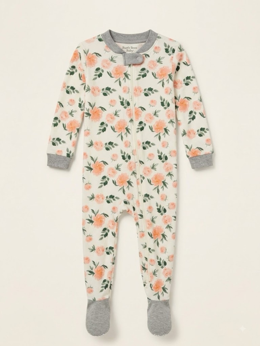 Burt's Bees Baby Cream Footed One-Piece with Peach Floral Print